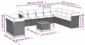 11 pcs conjunto sofás de jardim c/ almofadões vime PE cinzento