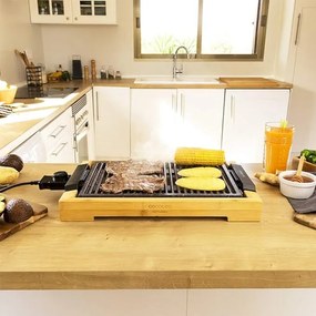 Grelhador elétrico cozinha com Potência 2000 W, Estrutura de bambu, Tasty&Grill 2000 Bamboo LineStone. Termóstato ajustável, Superfície Grill, Revesti