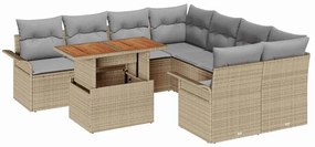 Sofá de Jardim de 9 Peças com Almofadas Bege em Rattan Sintético e Acá