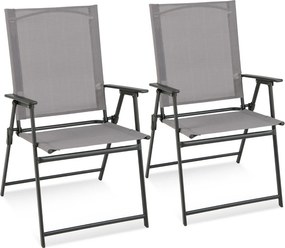 Conjunto de 2 cadeiras de jardim dobráveis com encosto alto Cadeira de jardim exterior portátil em metal de tecido resistente Cinzentas