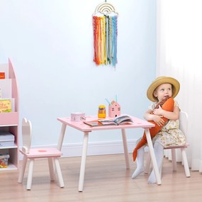 ZONEKIZ Conjunto de Mesa e 2 Cadeiras Infantil de Madeira Mesa Infantil para Crianças Acima de 18 Meses para Sala de Estar Brinquedoteca Dormitório 68x68x47cm e 30x30x51cm Rosa