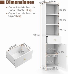 Armário de casa de banho 40 x 30 x 172 cm estreito  com 3 prateleiras abertas, 1 gaveta, 1 porta e prateleira ajustável branco