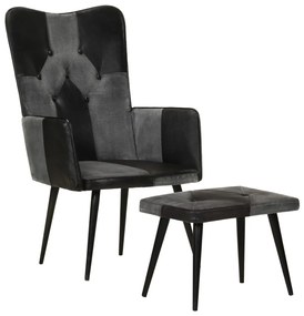 Cadeira com braços e apoio de pés couro genuíno e lona preto