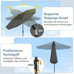Guarda-sol de 300 cm com iluminação LED solar, 9 modos de iluminação, guarda-sol de jardim com manivela, cinzento