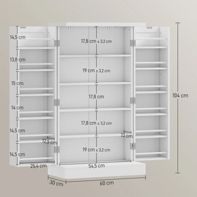 Armário de Cozinha Despensa Cozinha com 2 Portas 16 Prateleiras Aparador Moderno 60x30x104 cm Branco