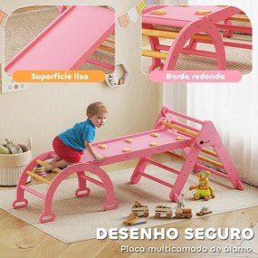 Triângulo de Escalada 7 em 1 com Arco e Rampa Escalada para Crianças de Madeira Dobrável para 18-48 Meses 188x70 cm Rosa
