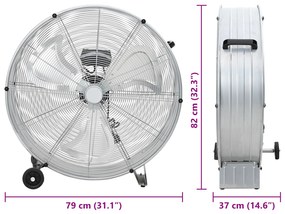 Ventilador de Tambor vidaXL com Rodas 3 Velocidades Prateado de 77 cm
