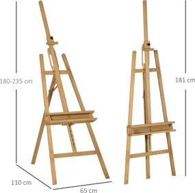 Cavalete de pintura dobrável em faia com altura e ângulo ajustáveis, 65x110x180-235 cm, madeira natural