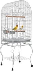 PawHut Gaiola para Pássaros com Rodas Bandeja Amovível Prateleira 2 Comedouros de Aço Inoxidável e Poleiro 51x51x153 cm Branco | Aosom Portugal