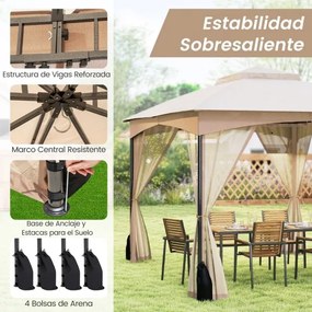 Pérgula para jardim 365x300 cm com paredes de malha com pesos areia Estrutura metálica resistente Portas com fecho Caqui