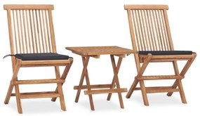 vidaXL 3 pcs conj. jantar dobrável exterior c/ almofadão teca maciça