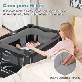 Berço dobrável 5 em 1 com berço removível 103 x 74 x 73 cm, trocador e bolsa de transporte com rodas Centro de cuidados portátil cinza