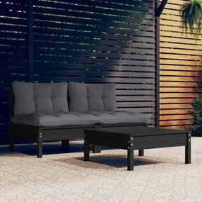 vidaXL 3 pcs conj. lounge de jardim com almofadões antracite pinho