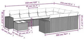 11 pcs conjunto sofás de jardim c/ almofadões vime PE castanho