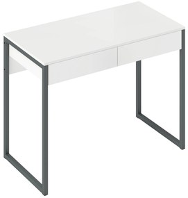 Secretária com 2 Gavetas 100x50 cm Mesa de Computador Pernas de Aço para Casa Escritório Espaços Pequenos Branco Brilhante