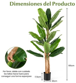 Plátano artificial de 195 cm de altura com 27 folhas grandes Caules triplos Casca natural Verde Decoração de vaso de plantas