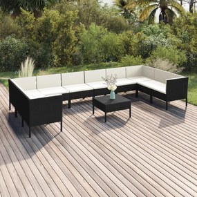 vidaXL 11 pcs conjunto lounge de jardim c/ almofadões vime PE preto