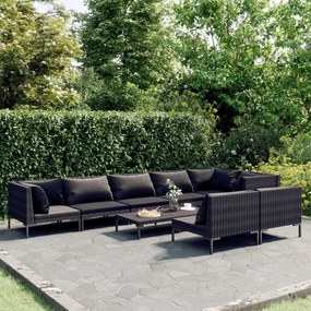vidaXL 9 pcs conj. lounge jardim c/ almofadões vime PE cinzento-escuro