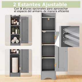 Móvel de casa de banho 18 x 19,5 x 80 cm, estreito com porta e prateleiras ajustáveis, suporte para rolo de papel higiénico cinzento