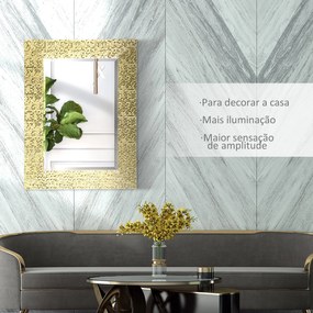 Espelho de Parede 80x60cm Espelho Decorativo com 4 Ganchos e Estrutura de Mosaico 3D Estilo Moderno para Sala de Estar Dormitório Sala de Jantar Entrada Dourado