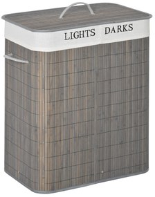 HOMCOM Cesto Roupa Suja Bambú 100L Tampa Removível 2 Compartimentos Design Moderno 52x32x63 cm Cinza | Aosom Portugal