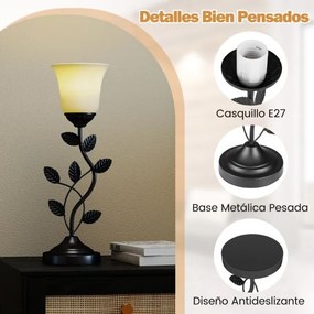 Candeeiro de mesa para mesa de cabeceira Candeeiro vintage para mesa de cabeceira com abajur de vidro em forma de tulipa e folhas de metal preto