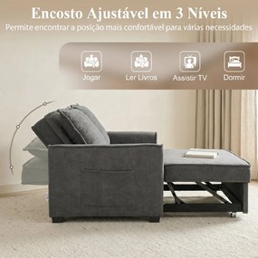 Sofá-Cama 2 Lugares 3 em 1 com Encosto Ajustável Bolsos Laterais 2 Almofadas para Sala Cinzento Escuro