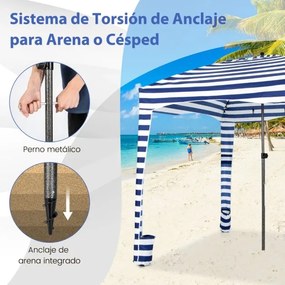 Tenda de praia portátil 183 x 183 x 215-240 cm com parede lateral amovível Saco de transporte 8 sacos de areia Proteção solar Exterior Azul + Branco