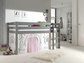 Conjunto Cama alta de Criança PINO 90 x 200 cm + estrado + escada + cortina Pássaro Cinzenta