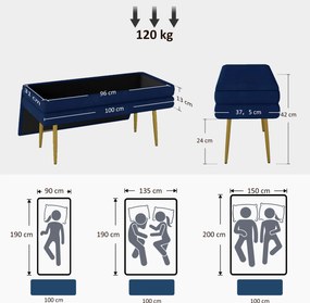 Banco com arrumação 2 em 1, assento com acabamento em veludo e pés em aço 100 x 37,5 x 42 cm, azul e dourado