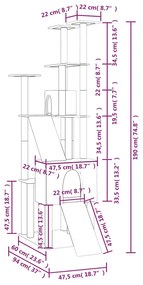 Árvore p/ gatos c/ postes arranhadores sisal 190cm cinza-escuro