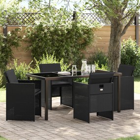 Conjunto de Jantar de 5 Peças para Jardim com Almofadas Preto Vime PE