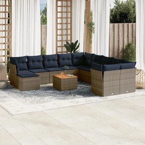 vidaXL 12 pcs conjunto sofás p/ jardim c/ almofadões vime PE cinzento
