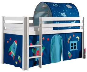 Conjunto Cama alta de Criança PINO 90 x 200 cm + estrado + escada + cortina + túnel Astronauta Branca