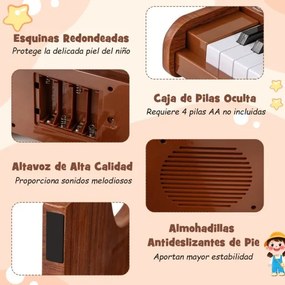 Piano de brincar com 25 teclas para crianças 38 x 24 x 29 cm, com suporte e modo de aprendizagem, velocidade e volume ajustáveis, design em madeira Ca