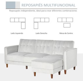 HOMCOM Sofá Cama com Chaise Longue de 3 Lugares Tato Aveludado com Encosto Ajustável e Apoio para os Pés Móvel 218x85x86cm Cinza Claro