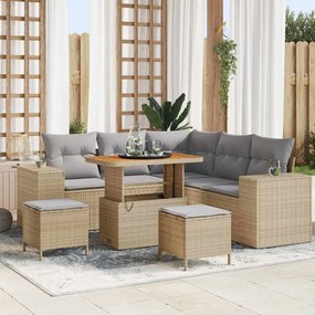Conjunto de Sofá de Jardim de 8 Peças com Almofadas Bege Rattan PE Acácia