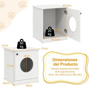 Armário para caixa de areia (não incluida) para gatos com lavatório oculto e mesinha de cabeceira lateral 51 x 47 x 57 cm Branco