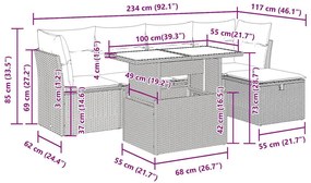 6 pcs conjunto sofás de jardim c/ almofadões vime PE preto