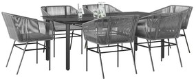Conjunto jantar jardim 7 peças almofadas vidro vime cinzento PE