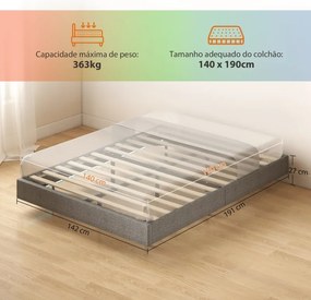 Cama 140x200 cm (COLCHÃO NÃO INCLUIDO) com Luzes LED Estofada em Linho Ripas de Madeira Silenciosa Fácil de Montar Cinzento
