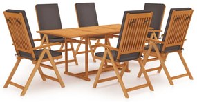 vidaXL 7 pcs conjunto jantar jardim + almofadões cinzentos teca maciça