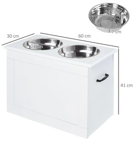 Comedouro Elevado para Cães com 2 Tigelas de Aço Inoxidável e Espaço de Armazenamento Oculto 60x30x41 cm Branco