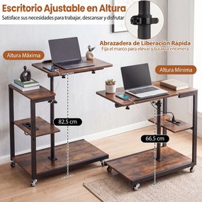 Mesa Auxiliar em C com Rodas, 68 x 40 x 66,5-82,5 cm, Tampo Elevável e Inclinável, Castanho+Preto