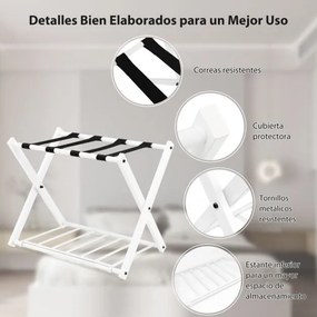 Conjunto 2 estantes de metal para bagagens até 60 kg com 4 correias estáveis e 2 pisos para casa e hotel 68 x 43 x 58 cm Branca