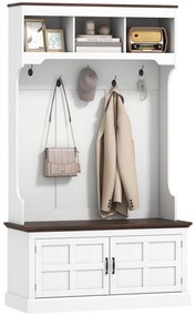 HOMCOM Móvel Cabide de Entrada Móvel de Entrada com Banco Sapateira 5 Ganchos 3 Prateleiras Armário e Compartimentos Estilo Rústico para Corredor Quarto Sala de Estar 105x40x180 cm Branco