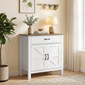 Aparador de sala 77 x 39,3 x 81,5 cm, móvel de arrumação com 2 portas de estilo celeiro, gaveta e prateleira ajustável, branco e castanho