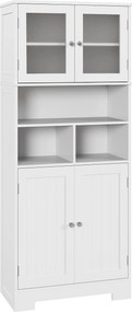 HOMCOM Armário de Arrumação Multiusos com 2 Portas de Vidro Prateleiras Ajustáveis Armário Alto de Cozinha 60x30x145,5 cm Branco | Aosom Portugal