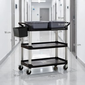 Carrinho de Limpeza com Rodas com 3 Prateleiras 2 Contentores e Balde Lateral Suspenso Carga 100 kg Preto.
