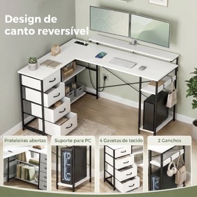 Secretária de canto com 4 gavetas com tomdas 155x112x85,5-91,5 cm Branco